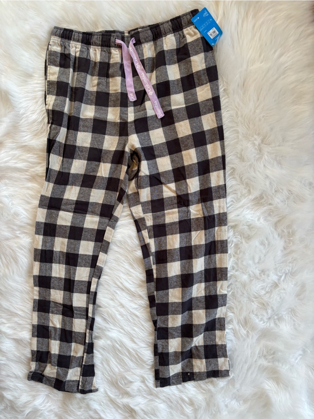 Columbia Black and Cream Buffalo Check Pants with Lilac Drawstring NEW XL